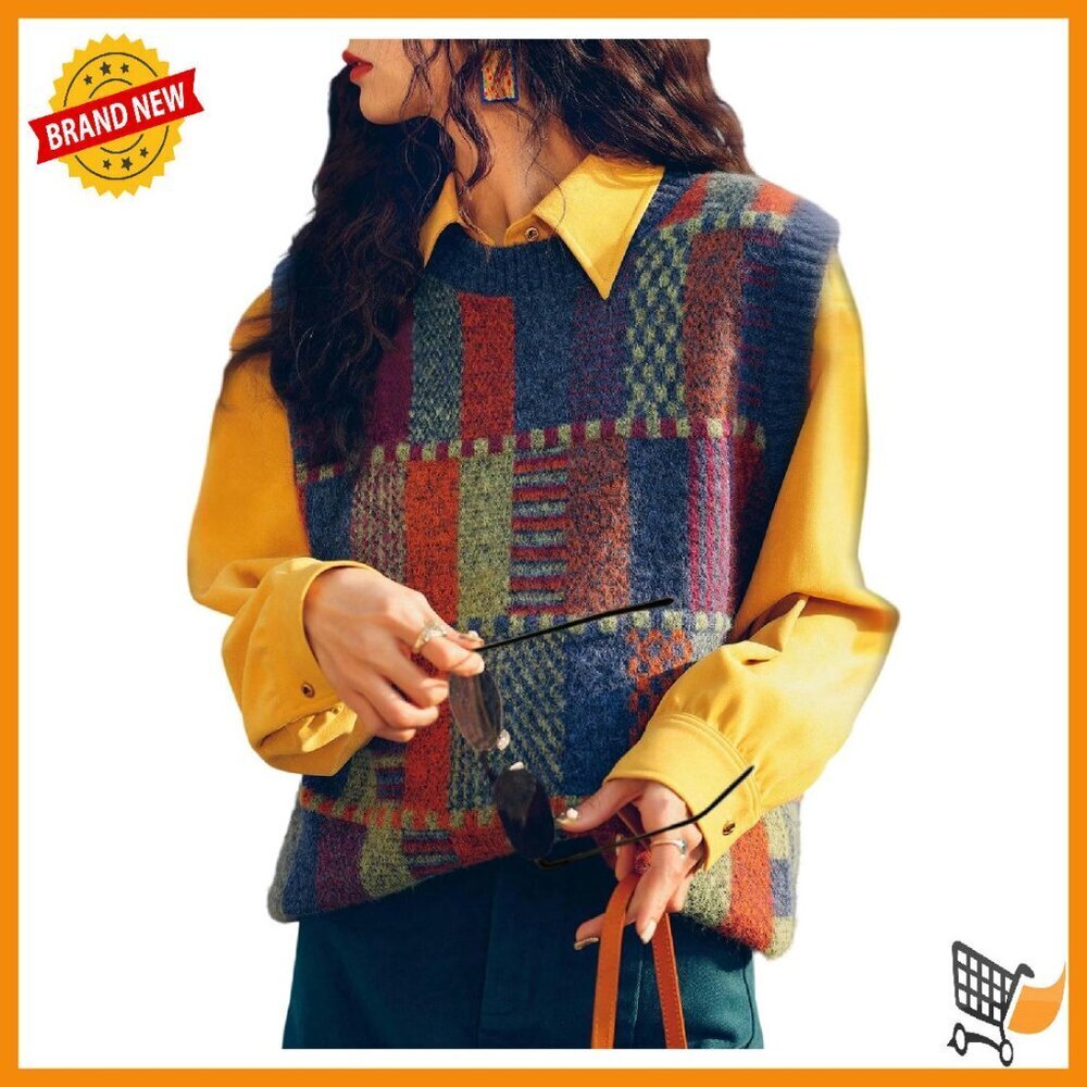 Vintage Plaid Sweater Vest Crewneck Sleeveless Pullover Fall Outfit